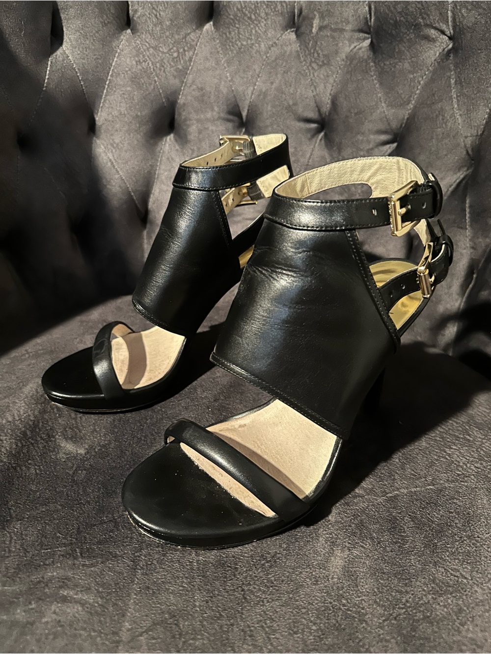 Michael Kors Asta Black Leather Open-Toe Ankle Strap Heels with Gold Buckles - Picture 1 of 7